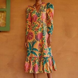 Farm Rio Flowerdoscopic Midi Dress Size Small NWT $235 In Yellow